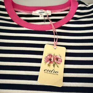 ENTRO Navy Striped Top With Hot Pink Trim